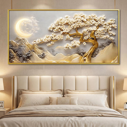 BirdSuite Gold Framed Lucky Tree Wall Art, Framed Canvas Print with Golden Tree & Moon Landscape, Ready to Hang Wall Decor for Living Room Bedroom Office Dining Room Entryway 48x24 inchs