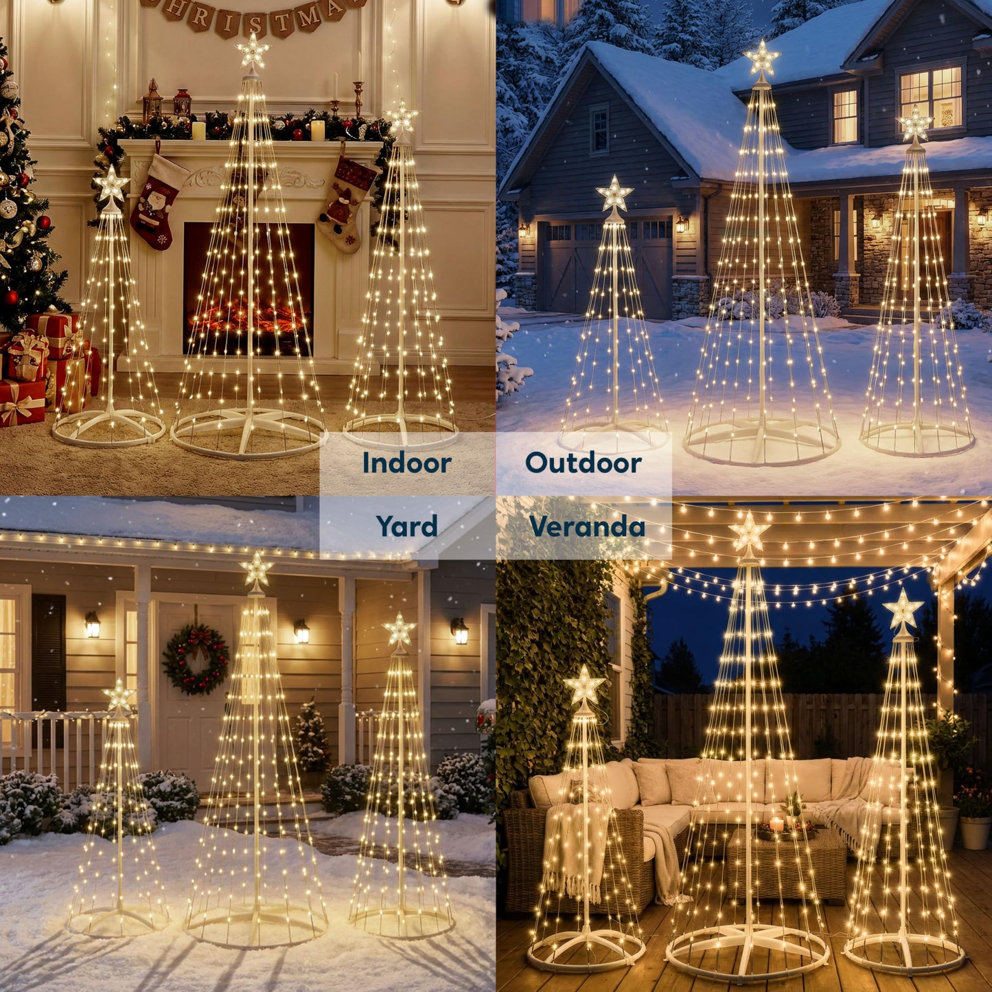 JOYIN 3 Pack LED Christmas Cone Tree Lights, 4FT 5FT 6FT Outdoor Lighted Tree with 8 Lighting Modes & Star Topper, Christmas Decorations for Yard Porch Patio Garden Holiday Decor, Warm White