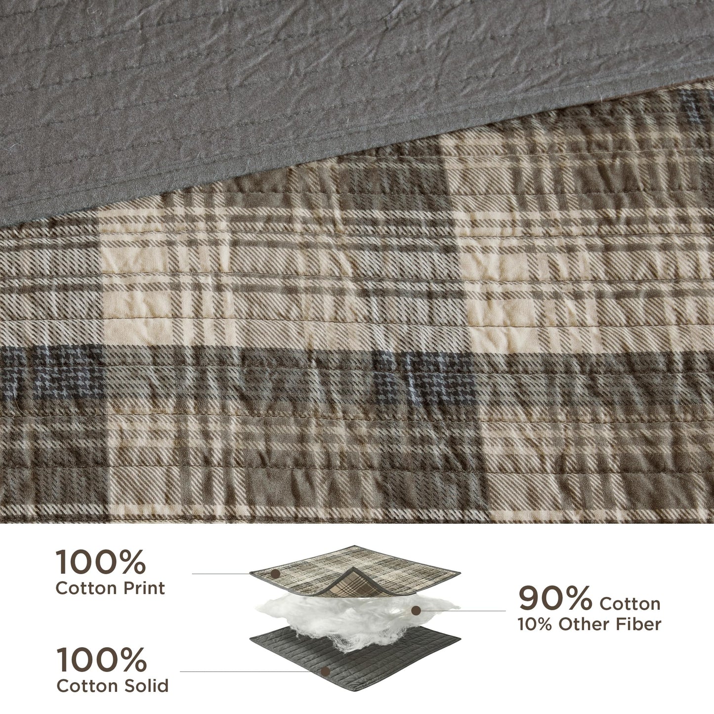 Woolrich Reversible Quilt Cabin Lifestyle Design - All Season, Breathable Coverlet Bedspread Bedding Set, Matching Shams, Oversized Full/Queen, Tasha Plaid Tan/Brown 3 Piece