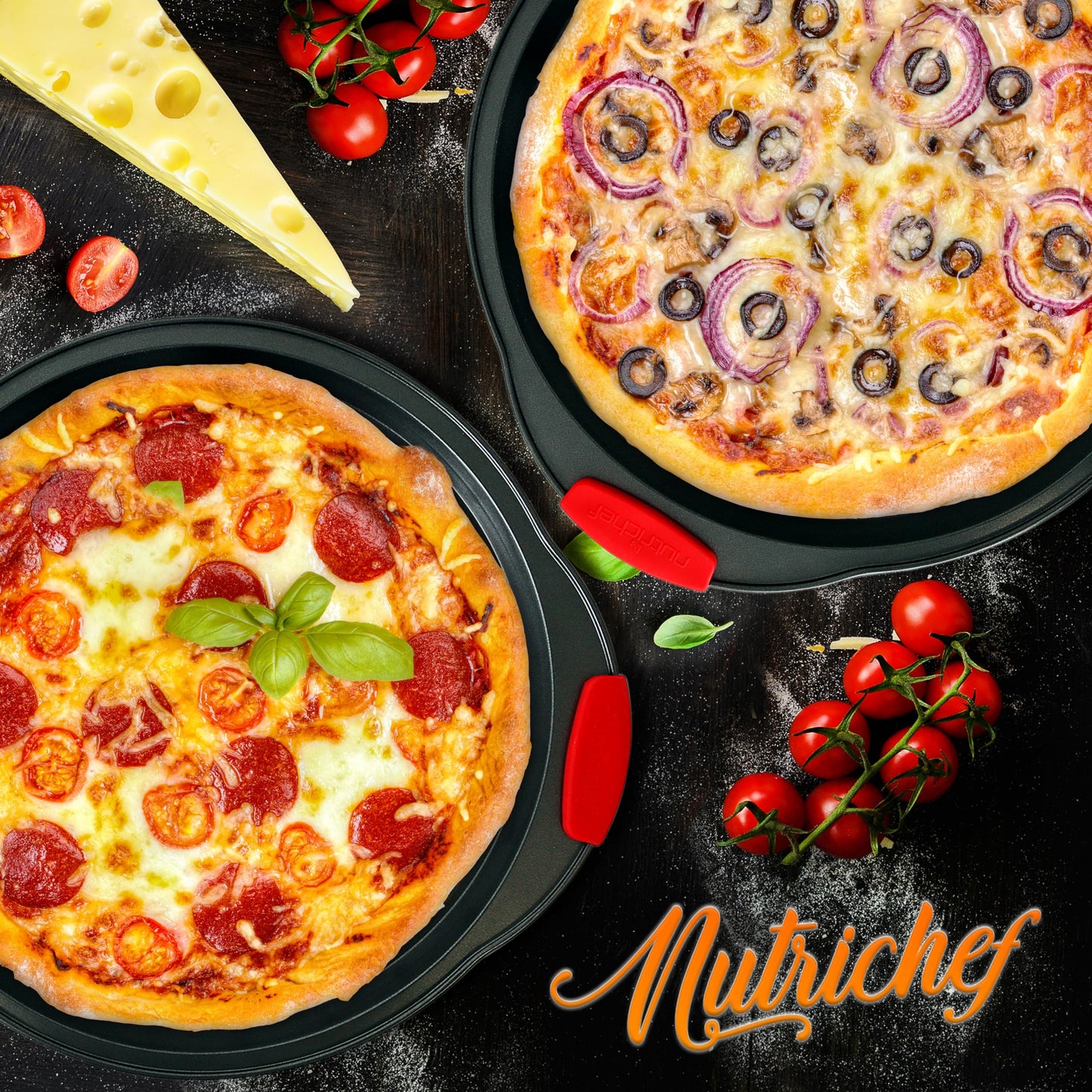 NutriChef 2-Pc. Non Stick Pizza Tray - with Silicone Handle, Round Steel Non-Stick Pan with Perforated Holes, Dishwasher Safe, Pizza Tray with Silicone and Oversized Handle, PFOA, PFOS, PTFE Free