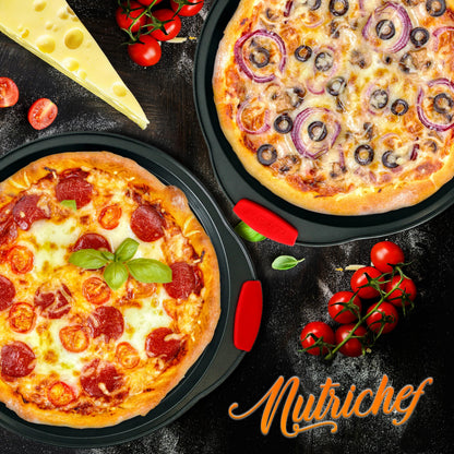 NutriChef 2-Pc. Non Stick Pizza Tray - with Silicone Handle, Round Steel Non-Stick Pan with Perforated Holes, Dishwasher Safe, Pizza Tray with Silicone and Oversized Handle, PFOA, PFOS, PTFE Free