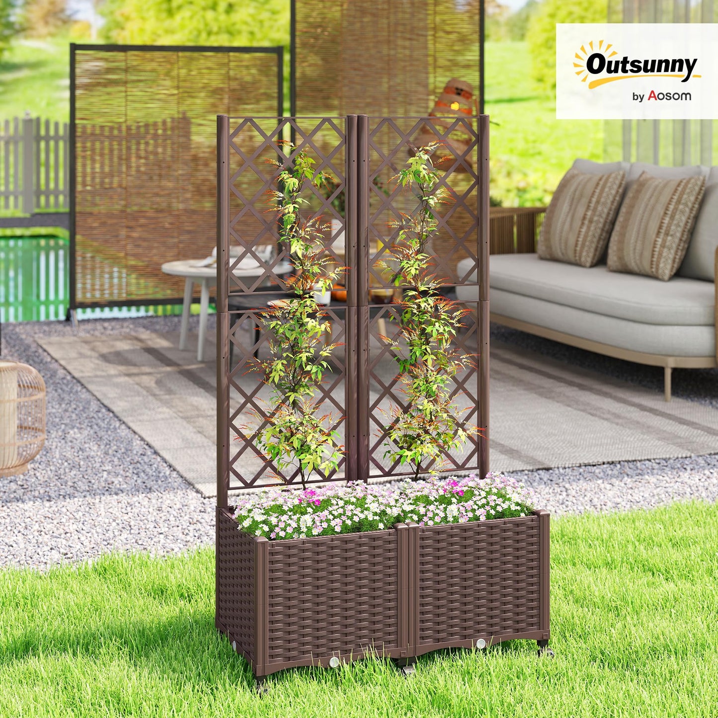 Outsunny Planter Box with Trellis, Self Watering Raised Garden Bed with Lockable Wheels, 56.3" Trellis Privacy Planter with Drainage Holes for Climbing Plants, Vines, Vegetables, Flowers, Brown