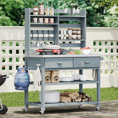 Merax 64.9"H Outdoor Potting Bench Table with Lockable Wheels, Solid Wood Outdoor Kitchen Island with Upper Hutch, Stainless Steel Top, Towel Rack, Outdoor Storage for Grilling, Lawn Garden, Grey Blue