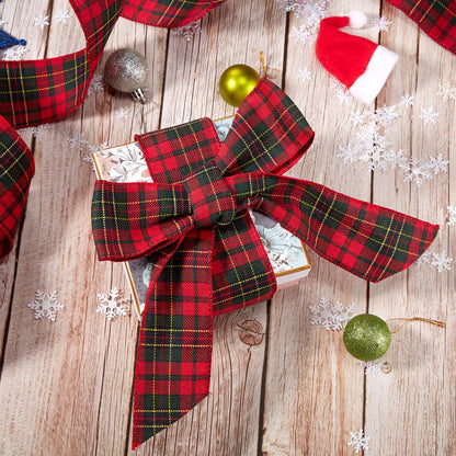Christmas Wired Edge Plaid Ribbon 2.5 Inches Black and White Buffalo Wrapping Ribbon Gingham Ribbon for Christmas Tree Wreath Gift Wrapping, Crafts, and Decorations(Red with Green and Gold Line Plaid)