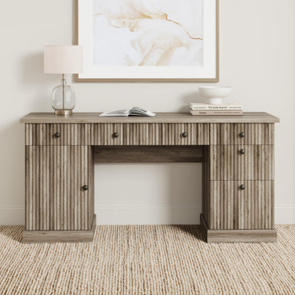 Garvee 60" Office Desk with Storage & Drawers. Fluted Wood Computer Desk with Power Outlet & Adjustable Shelves.Modern Executive Desk for Home Office/Bedroom/Gaming-Grey