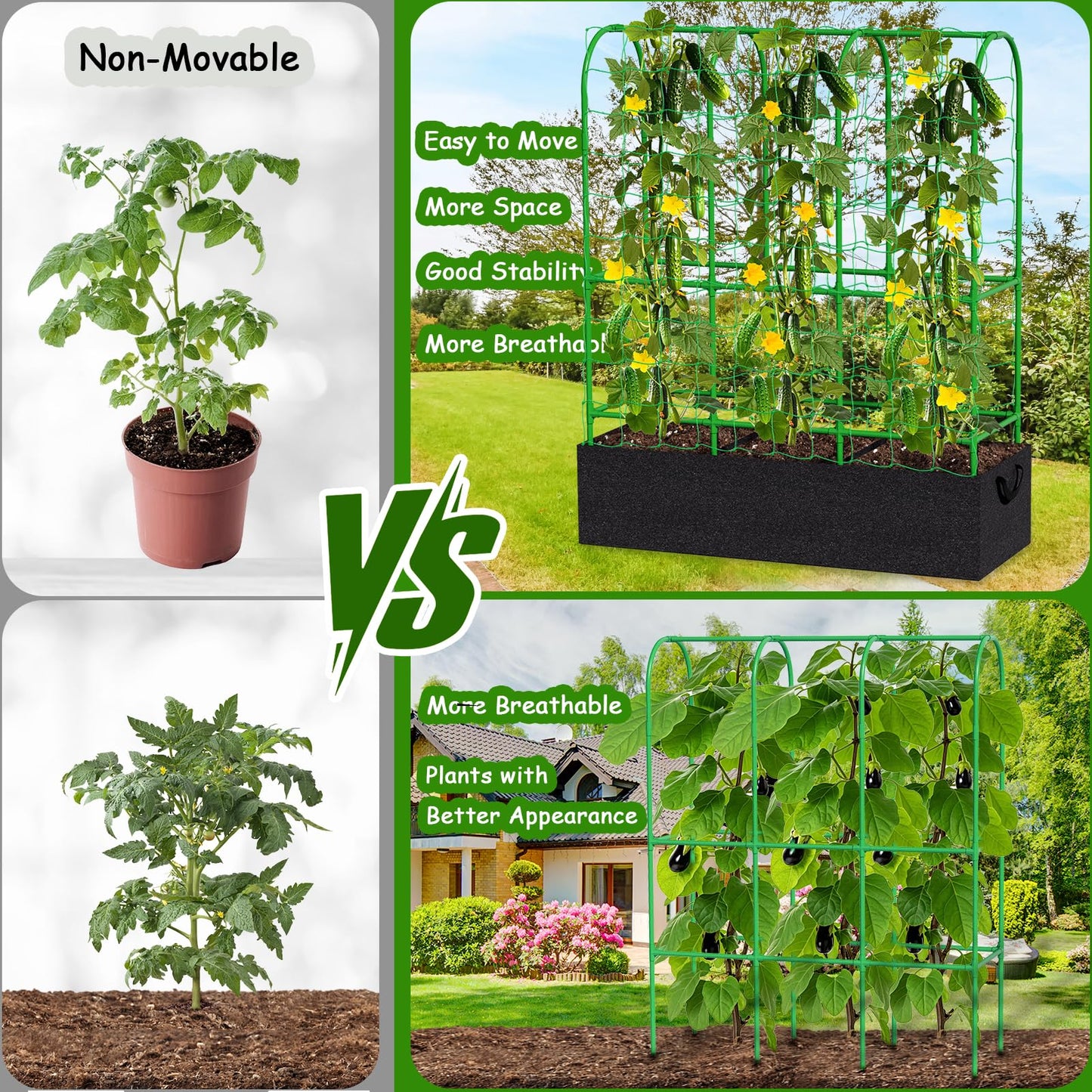 Srapwati 65"H x 50"W Cucumber Trellis with Grow Bag & Netting, U-Frame Metal Plant Support, Heavy-Duty Steel & Plastic, Green & Black, Rectangular, Climbing Plant Support Structure