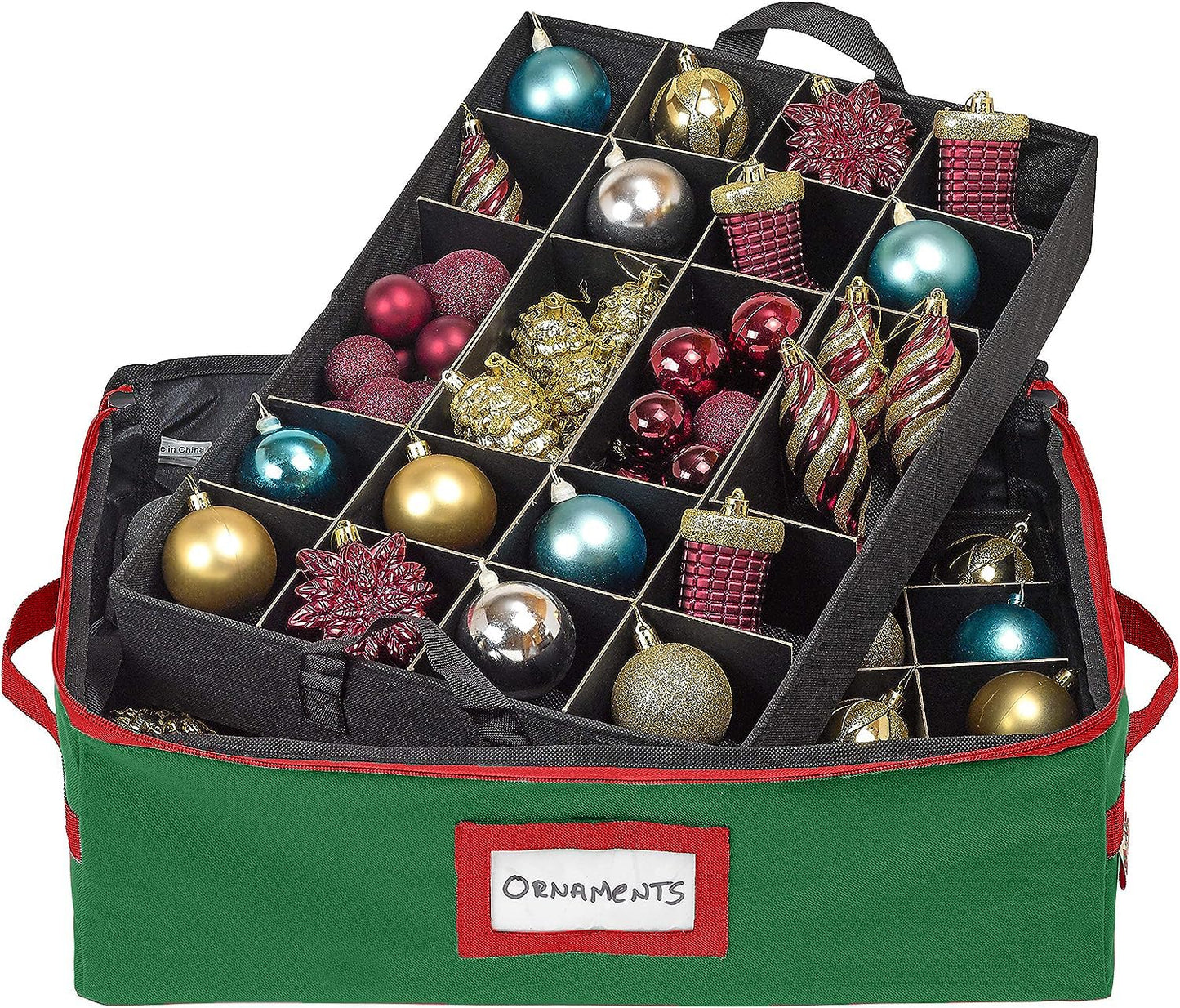 HOLDN’ STORAGE Christmas Ornament Storage Box with Dividers - Fits 48-3” Ornaments, 2 Removable Trays, Durable & Space-Saving, Clear Top Lid, Fits Underbed, Green