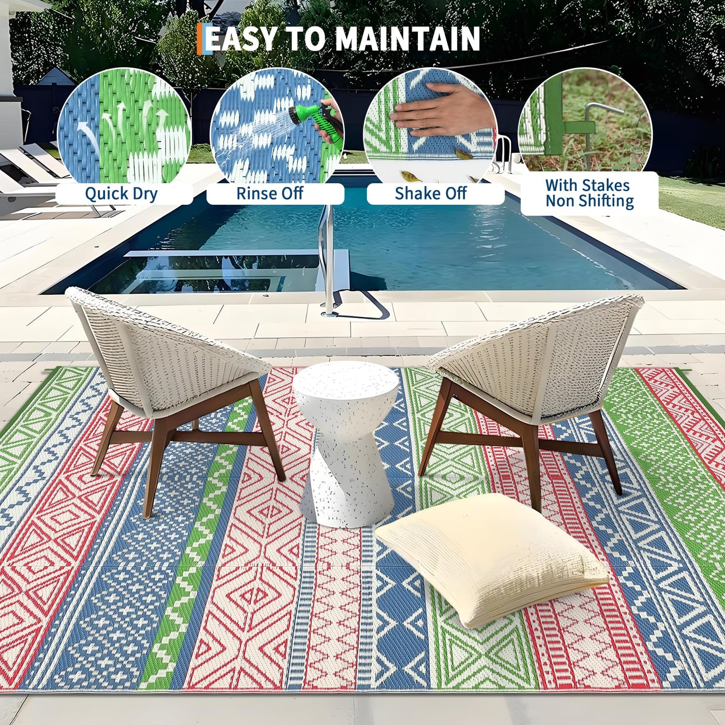 LUXLOOM Outdoor Patio Rug 10x20 Outdoor Rug Boho Plastic Straw Rugs for Patio Reversible Mat Waterproof Camping Rugs for RV Beach Deck Picnic Backyard Porch Easy Clean Floor Cover, Green Blue