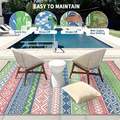 LUXLOOM Outdoor Patio Rug 10x20 Outdoor Rug Boho Plastic Straw Rugs for Patio Reversible Mat Waterproof Camping Rugs for RV Beach Deck Picnic Backyard Porch Easy Clean Floor Cover, Green Blue