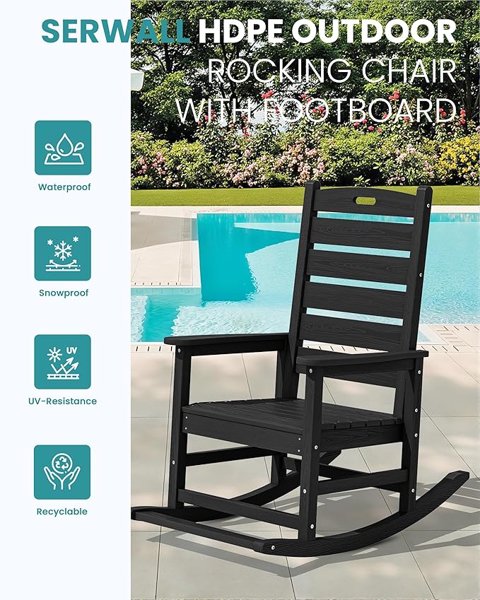 SERWALL Outdoor Rocking Chair Set of 2, Oversized Rocking Chair with Footboard for Adults, HDPE All Weather Resistant Rocking Chairs for Patio, 350lbs Weight Capacity, Black