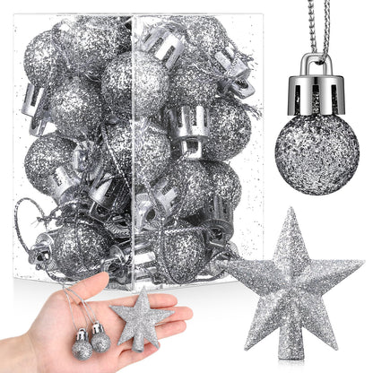 RoundFunny 25 Pcs Mini Valentine's Day Ornaments Set 0.79 Inch Glitter Valentine's Day Ball Tree Topper Star Hanging Ornaments for Party Decoration(Silver)