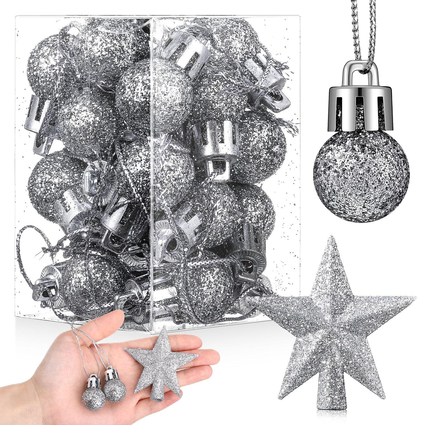 RoundFunny 25 Pcs Mini Valentine's Day Ornaments Set 0.79 Inch Glitter Valentine's Day Ball Tree Topper Star Hanging Ornaments for Party Decoration(Silver)