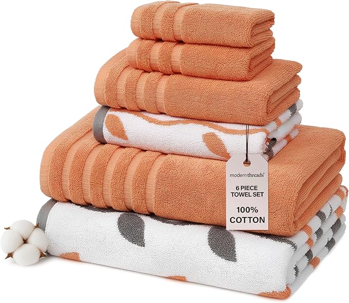 Modern Threads Organic Vines 6-Piece 100% Cotton Towel Set – Yarn Dyed Jacquard