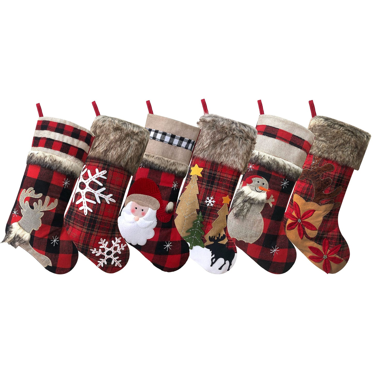 BRvieluck Christmas Stockings Set of 6 Buffalo Red Plaid with Soft Faux Fur for Family Fireplace Hanging Large 20 Inches Xmas Stockings Decorations Holiday Season Decor 6 Pack