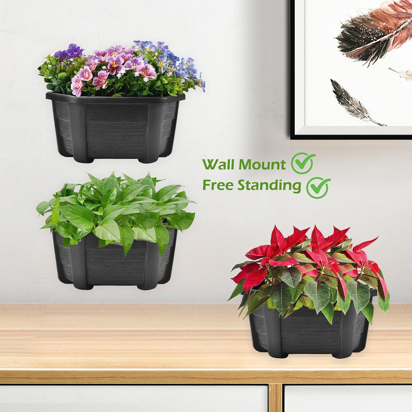 ORIMERC 9.8 inch Wood Imitated Wall Planter Pots for Indoor Plants, Wall Hanging Planters Living Wall Planter Indoor Outdoor Vertical Wall Mounted Planter for Your Green Plants, Dark Coffee (4 Pack)