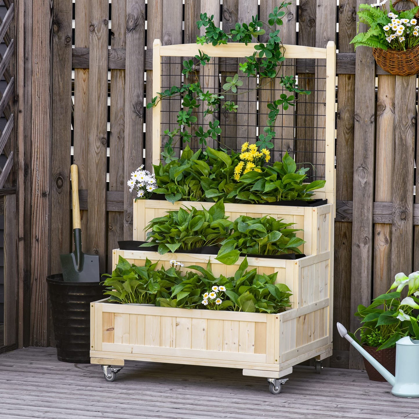 Outsunny 3-Tiers Raised Garden Bed with Trellis, 53" H Vertical Planter Box with Wheels & Back Storage Area, for Flowers, Vegetables, Herbs, Natural