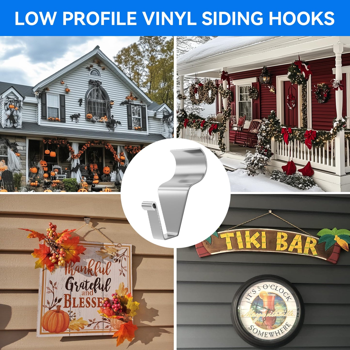 MIUKAA No Hole Vinyl Siding Hooks (12-Pack), Sturdy Hooks for Hanging Outdoor Decor, House Hanger for String Lights & Wreath