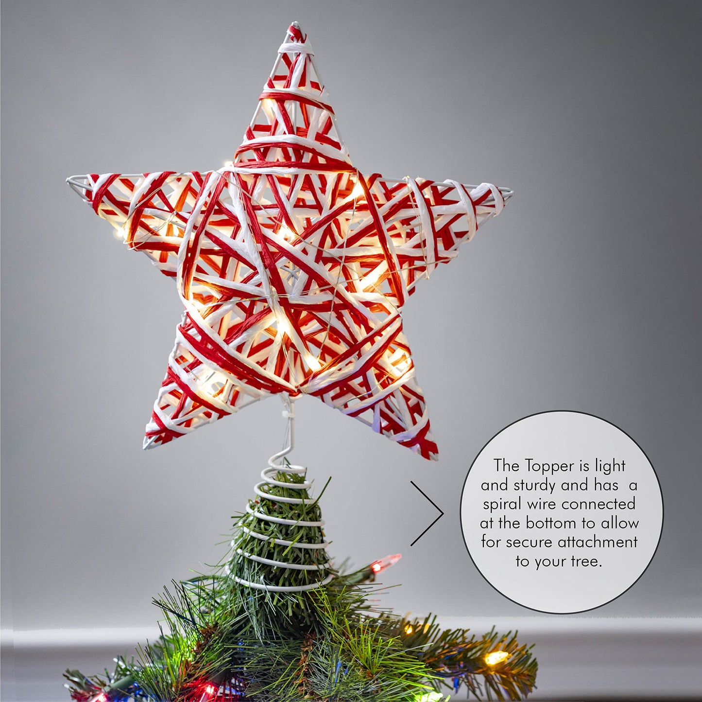 Ornativity Christmas Star Rattan Tree Topper – Red and White Xmas Holiday Decor Rustic LED Lights Light Up Tree Top Topper Ornament Decoration 12"