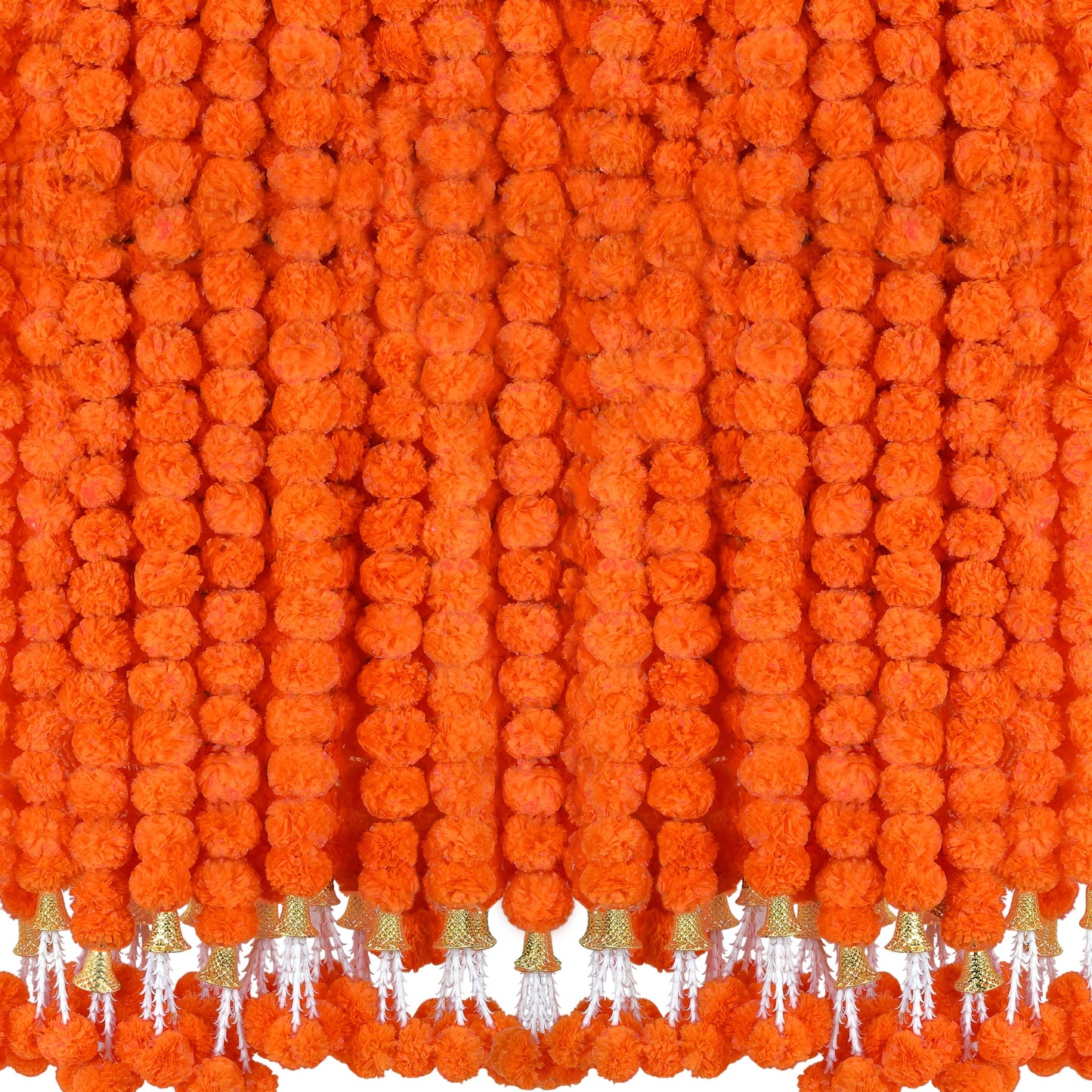 OCTERIC 6 Pcs 5 Ft Artificial Marigold Flowers Garland, Dia de Los Muertos Faux Garlands Diwali Decoration with Pendant Bell for Indian American Wedding Party Mantle Decor (Dark Orange)