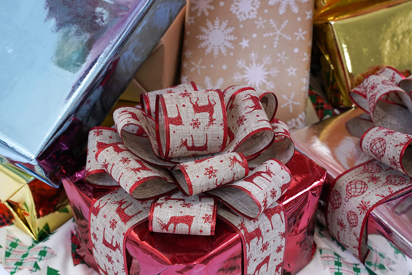 MEEDEE Christmas Ribbon Set - Wired Burlap 2.5 Inch 6 Rolls 36 Yards Red Glitter for Tree Garland, Wreaths, Tree Topper, Bow Making