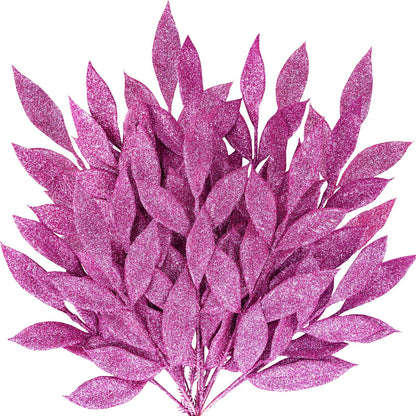 Winlyn 20 Pcs Pink Glitter Bay Leaf Sprays Artificial Christmas Tree Picks Sprays 12.7" Tall for Pink Christmas Tree Wreath Swag Floral Arrangement Winter Wedding Bouquet Centerpiece Decoration