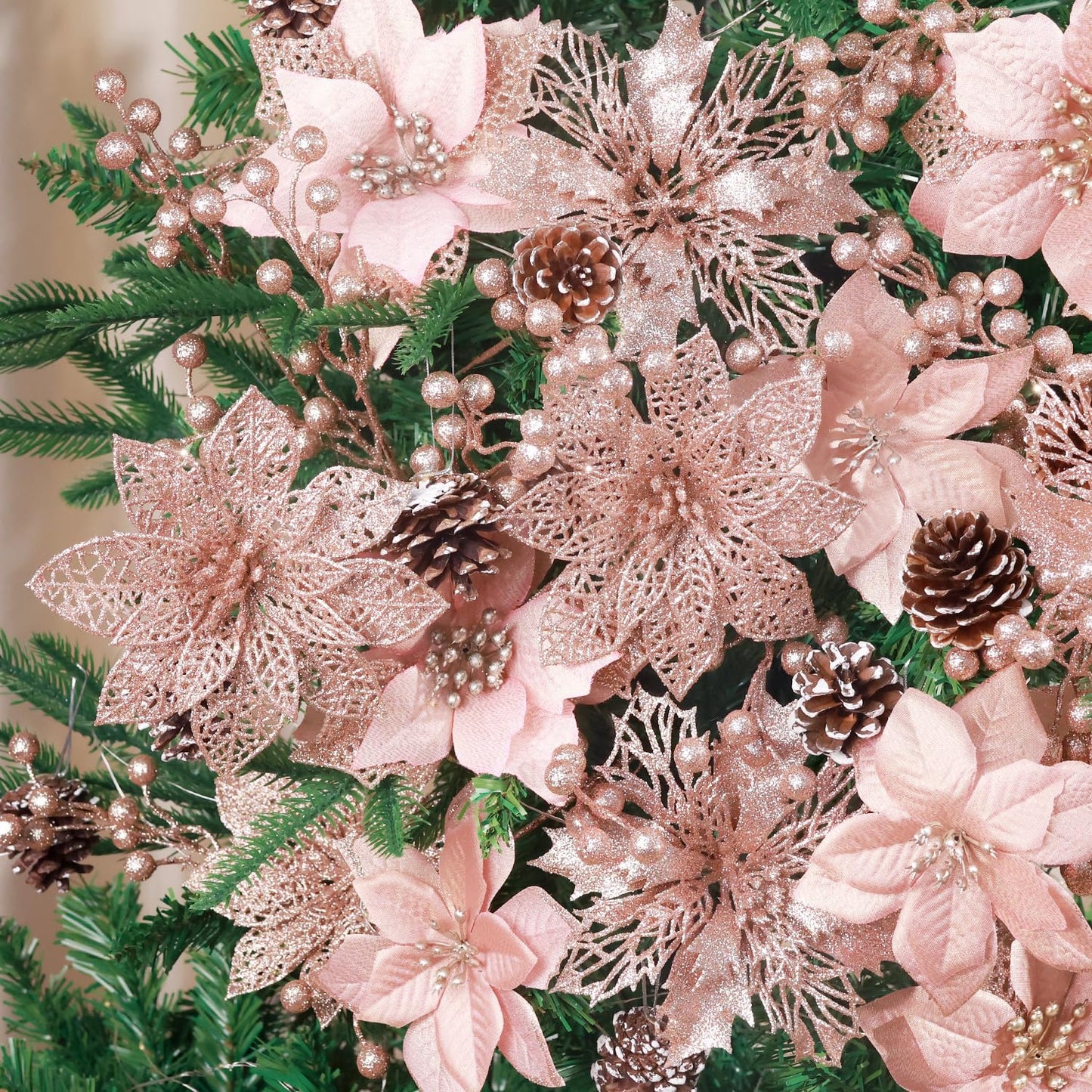 56 Pcs Christmas Decorations, 4 Styles Poinsettias Artificial Christmas Flowers Glitter Berries Stems Ornaments Tree with Pine Cones & Stems for Xmas Wedding DIY Wreath Floral Party (Rose Gold)