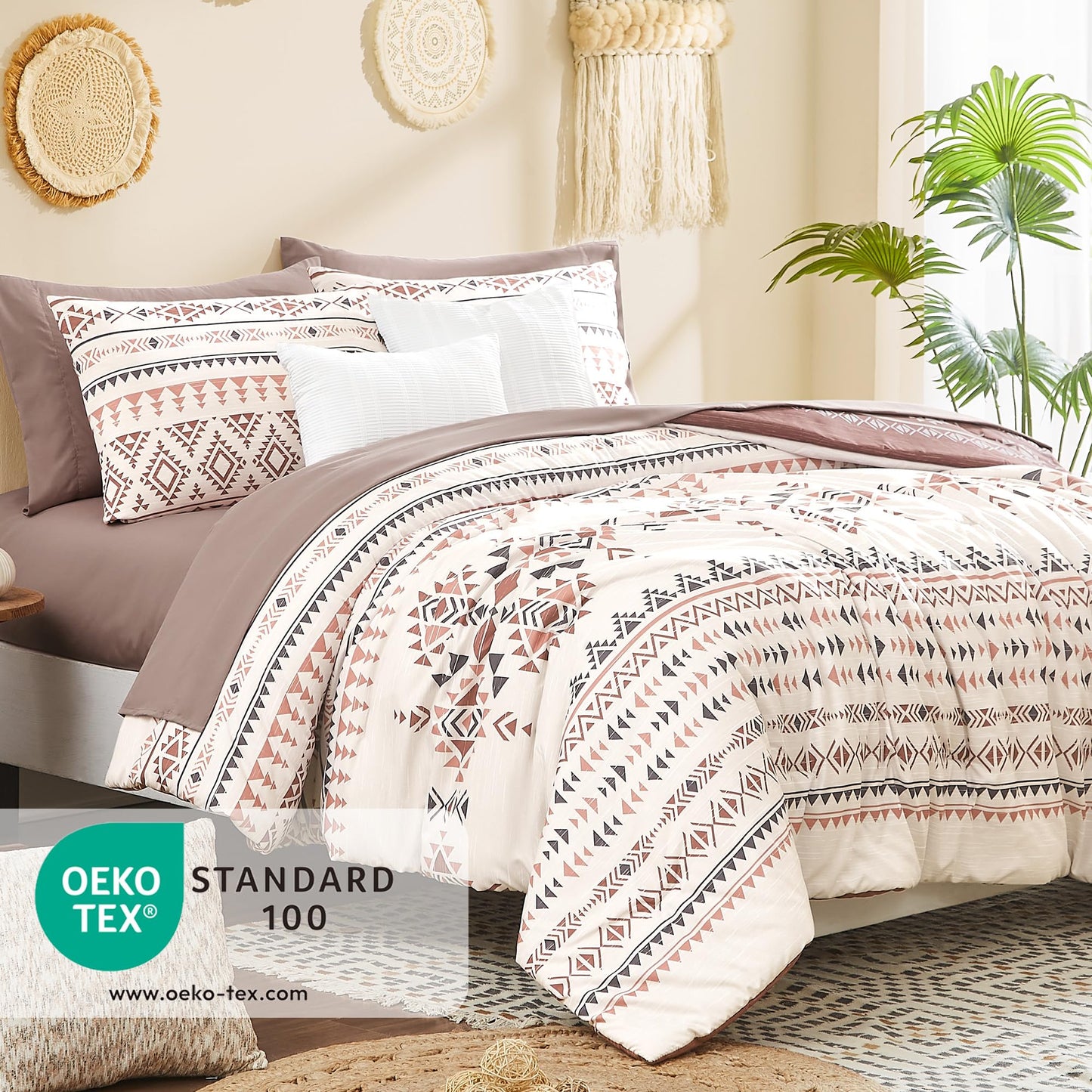 Geniospin Queen Comforter Set - 7 Pieces Reversible Bedding Set, Boho Bed in A Bag, Lightweight Soft Aztec Bedding, All Season Bed Comforter Set with Sheets, Pillowcases & Shams