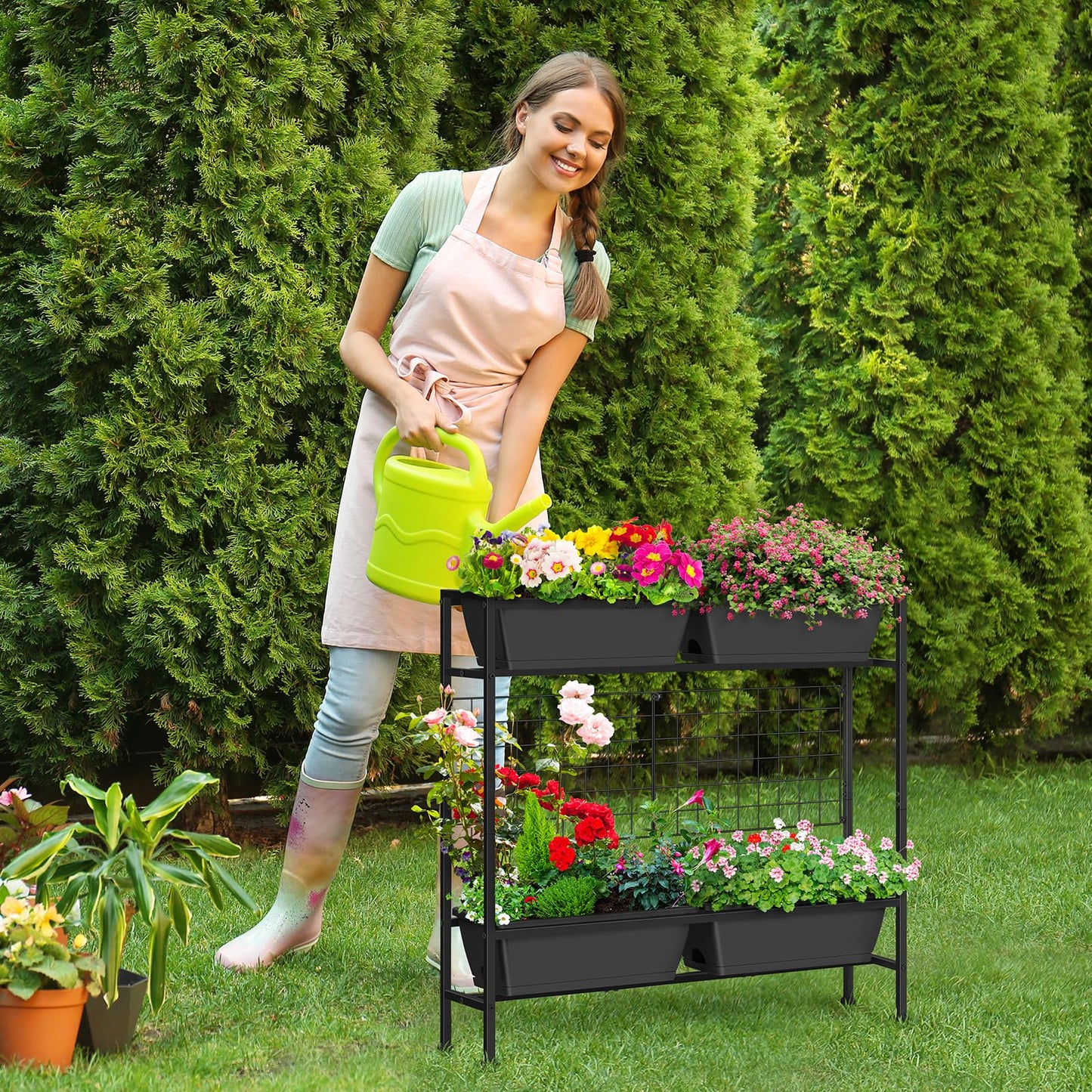 OYEAL Raised Garden Beds Outdoor with Legs 32" Tall Herb Garden Planters Box Raised Flower Beds for Gardening, Vertical Privacy Planter with Trellis for Patio, Porch, Backyard, Balcony, Grey