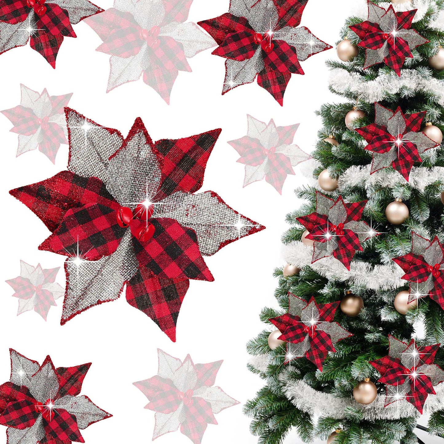 Chuangdi 12 Pcs Buffalo Plaid Poinsettias 6.7 Inches Christmas Tree Ornaments Burlap Artificial Xmas Flower Decor with Bells for Rustic Christmas Tree Wreath Garland Party(Red Black)