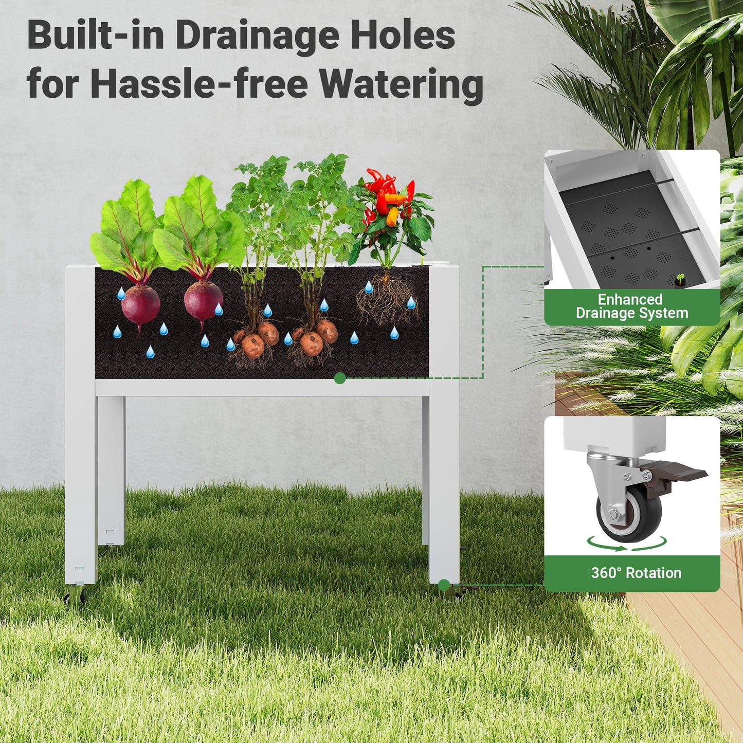 LHBGO Raised Garden Bed with Wheels - Outdoor Mobile Elevated Resin Planter Box with Drainage Holes for Vegetables Flower Herbs (1 Pack, White)