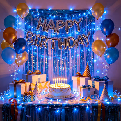 300 LED Blue Birthday Party Decorations String Lights with 12 Modes Timer Dimmable, Waterproof Green Wire Christmas Tree Lights, 75FT Fairy Lights for Bedroom, Outside, Ocean Party, Xmas Decor