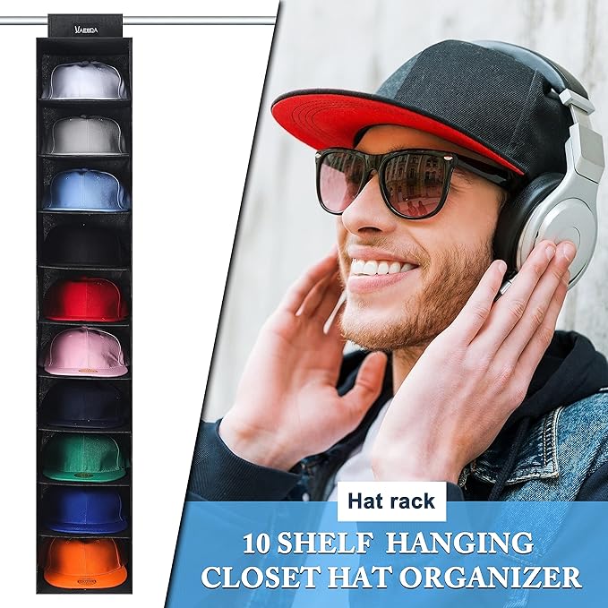 VAESIDA Hat Rack for Closet, 10 Shelf Hanging Hat Organizer for Baseball Caps