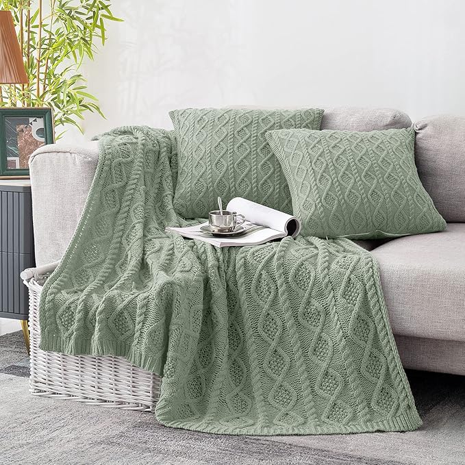 Homiest Cable Knit Throw Blanket and Pillow Set, Sage Green Set of 3, Knitted