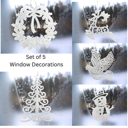 White Christmas Tree Ornaments Set of 5 – Large Glittered Holiday Decorations with Snowman, Reindeer, Dove, Wreath & Christmas Tree – 9” Shatterproof Hanging Ornaments for Winter & Farmhouse Décor