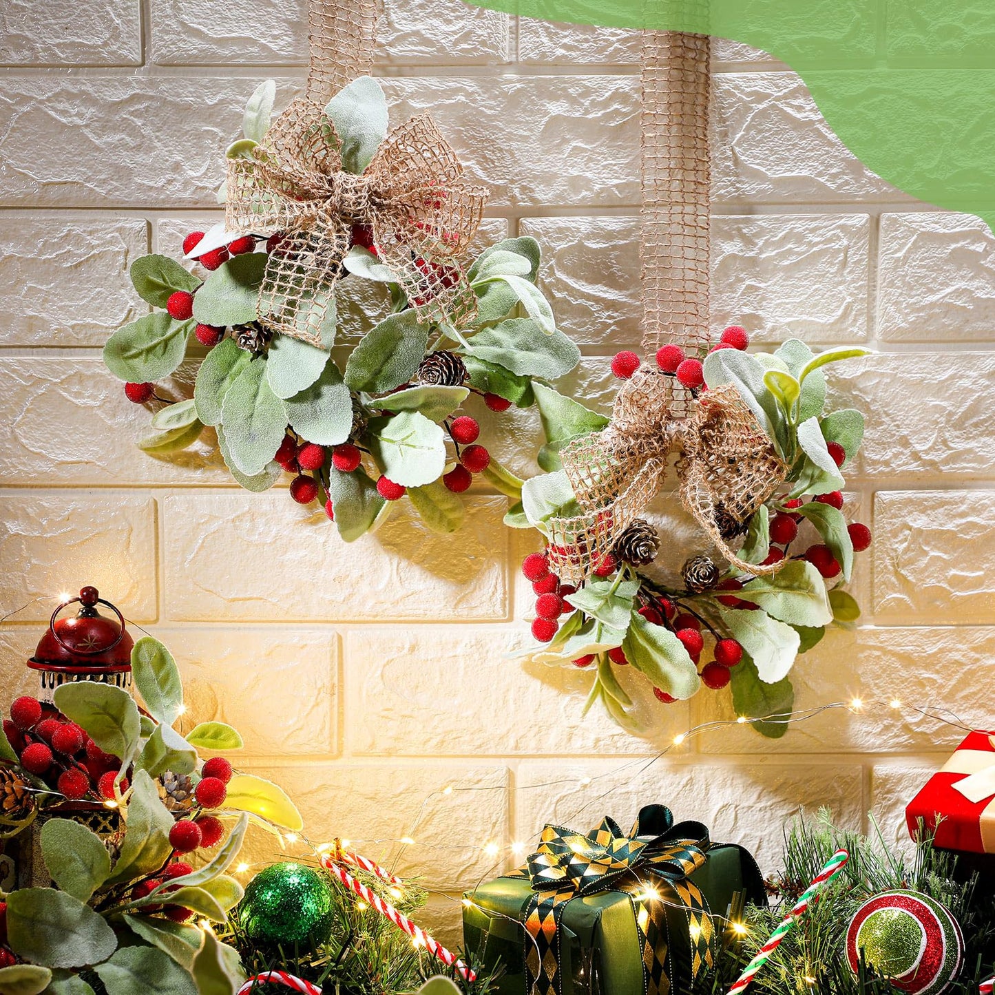 Zeyune 6 Set 9'' Small Wreaths for Kitchen Cabinets Mini Christmas Wreaths Real to Touch Lamb Ear with Burlap Ribbon Red Berry Farmhouse for Xmas Wall Window Indoor Outdoor Chair Decor