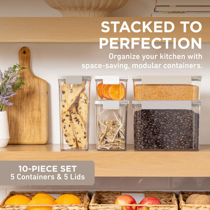 Bentgo Pantry - 10-Piece Airtight Food Storage Containers, Clear, Stackable Kitchen & Pantry Organization, Locking Lids for Freshness, BPA-Free Plastic - Ideal for Sugar, Flour, & More (White Stone)