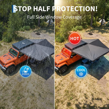 Garvee 270 Degree Driver Side Car Awning, 6.6ft Pull-Out Vehicle Awning with Blackout Coating, 280G Ripstop Waterproof Sun Shelter for SUV Truck Van Camping, Black