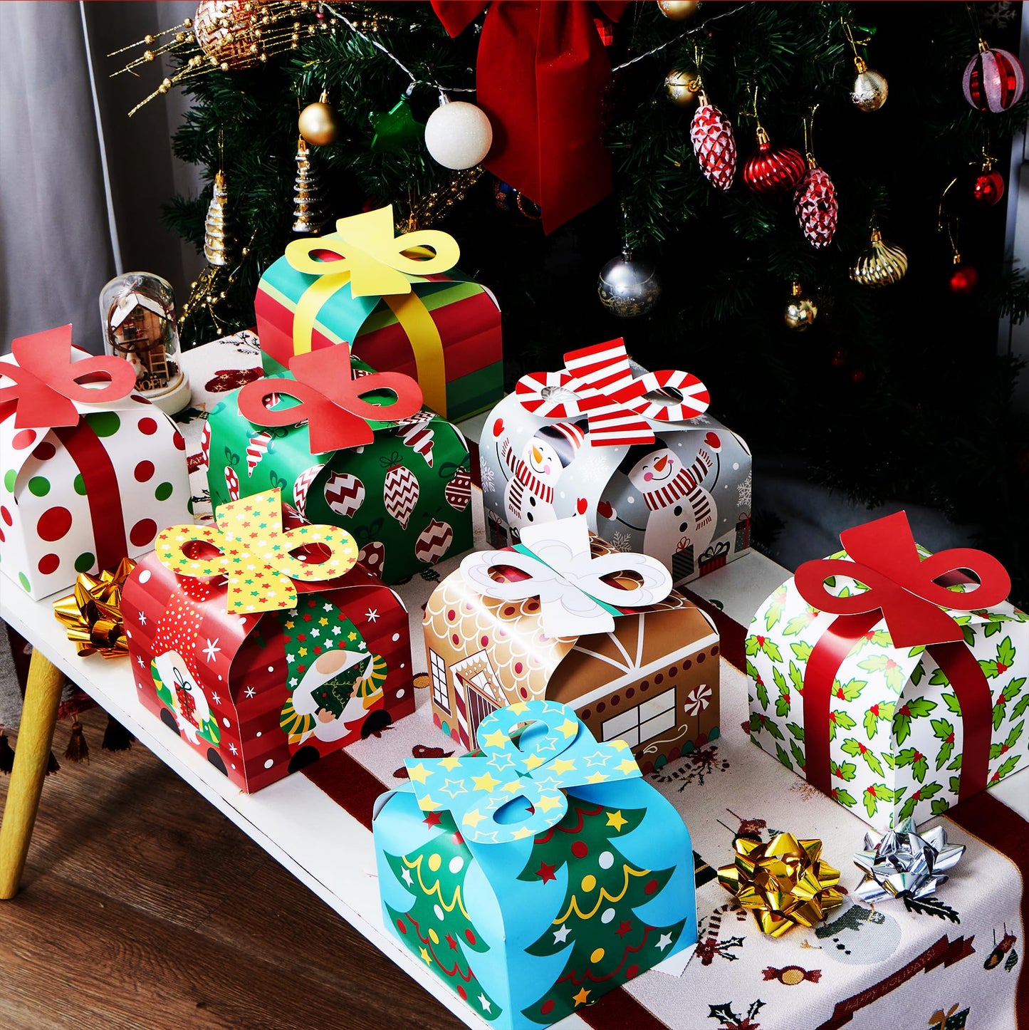 JOYIN 24 PCS 3D Christmas Goody Gift Boxes with Bow for Holiday Xmas Goodie Paper Boxes, School Classroom Party Favor Supply, 6” x 6” x 5.5” 8 Designs Candy Treat Cardboard Cookie Box for Gift Giving