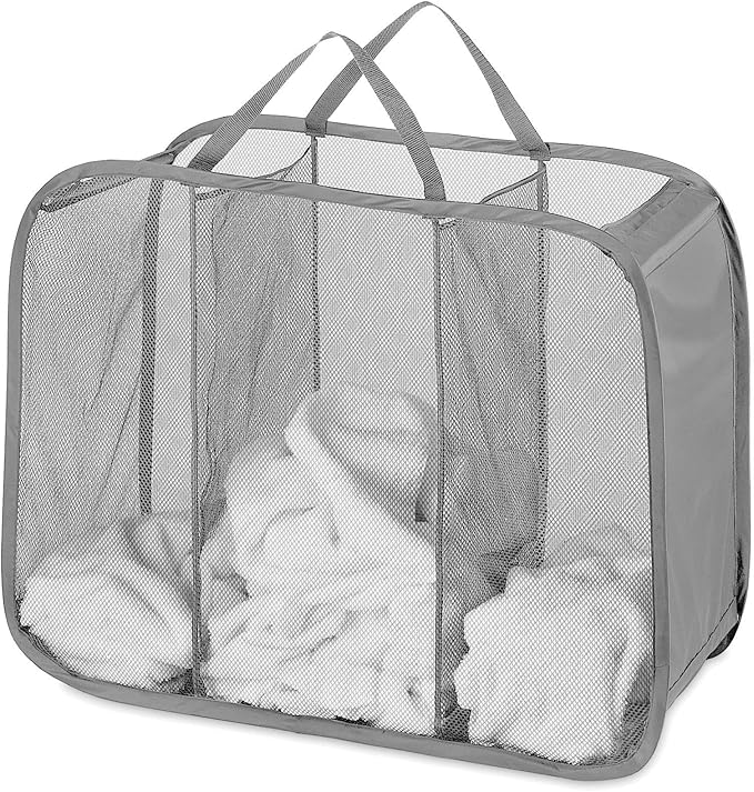 Whitmor Mesh Popup Laundry Hamper 3 Compartment Sortable Horizontal Collapsible
