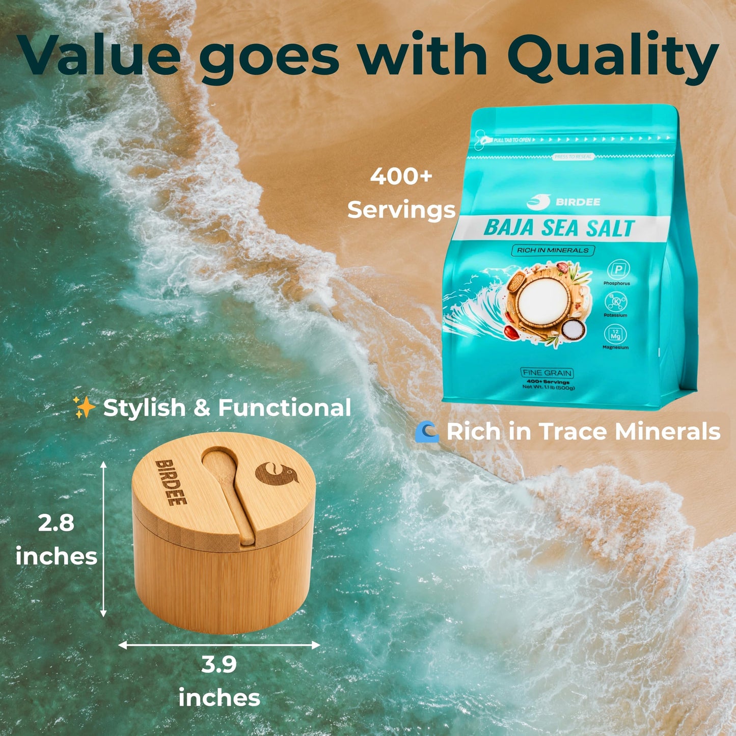 Birdee Premium Culinary Bundle – 17.6 oz Baja Sea Salt & Bamboo Salt Cellar: Fine Grain, Solar Dried, Hand-Harvested, Unrefined, with Durable 100% Bamboo Storage