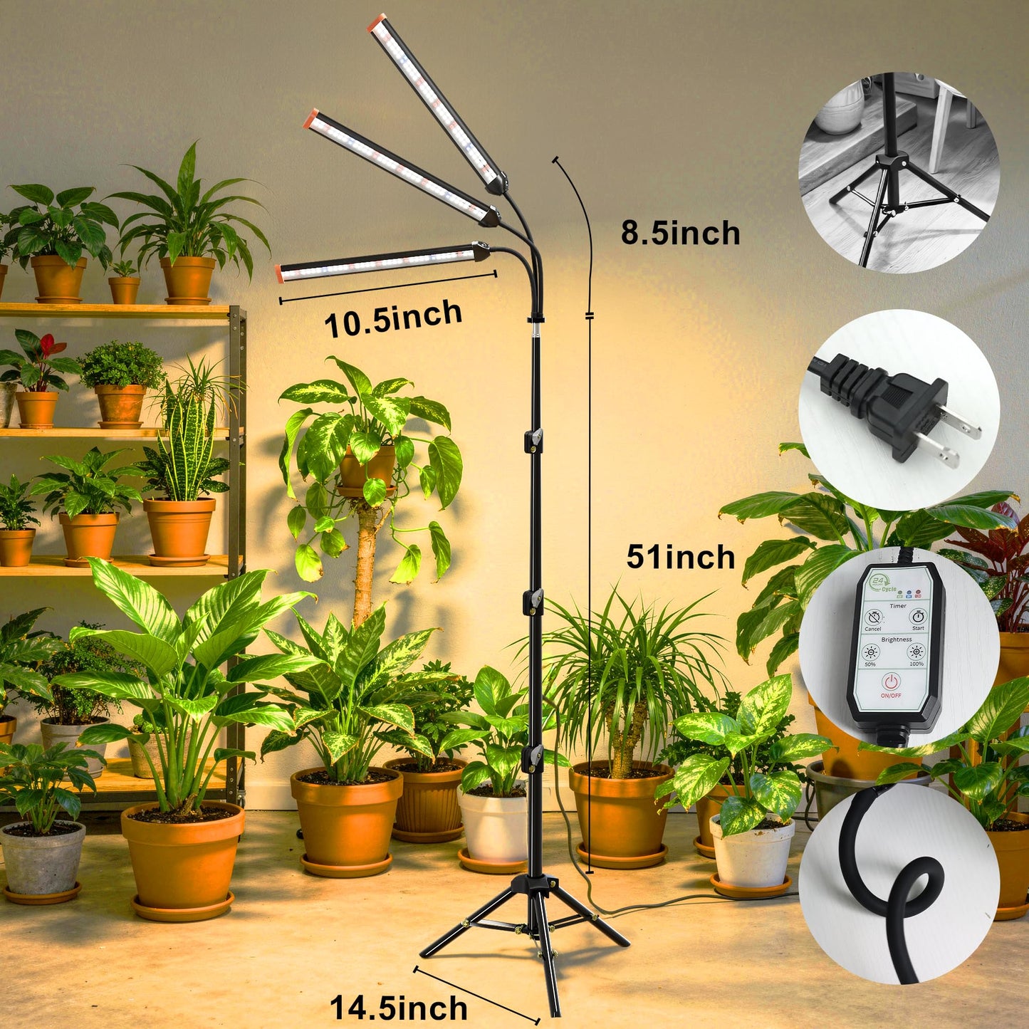 Quehoomii Grow Light with Stand for Indoor Plants,3500K Warm White Plant Light with Red Blue LEDs for Indoor Tall Large Plants Growing,Dimmable & Auto Timer,Height Adjustable 17-61"