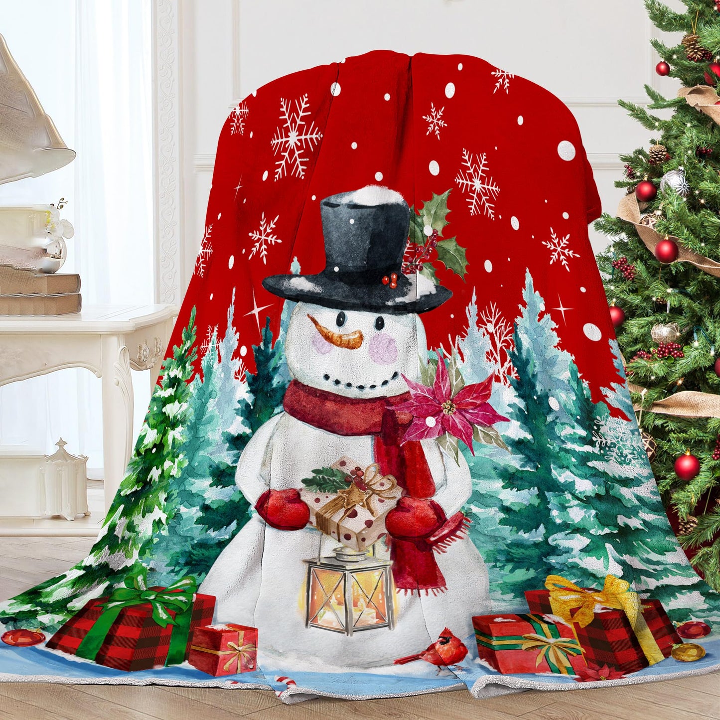 Christmas Blanket, Snowman Christmas Throw Blanket, Xmas Decorations for Home, Soft Red Snowman Blankets 50" X 60"