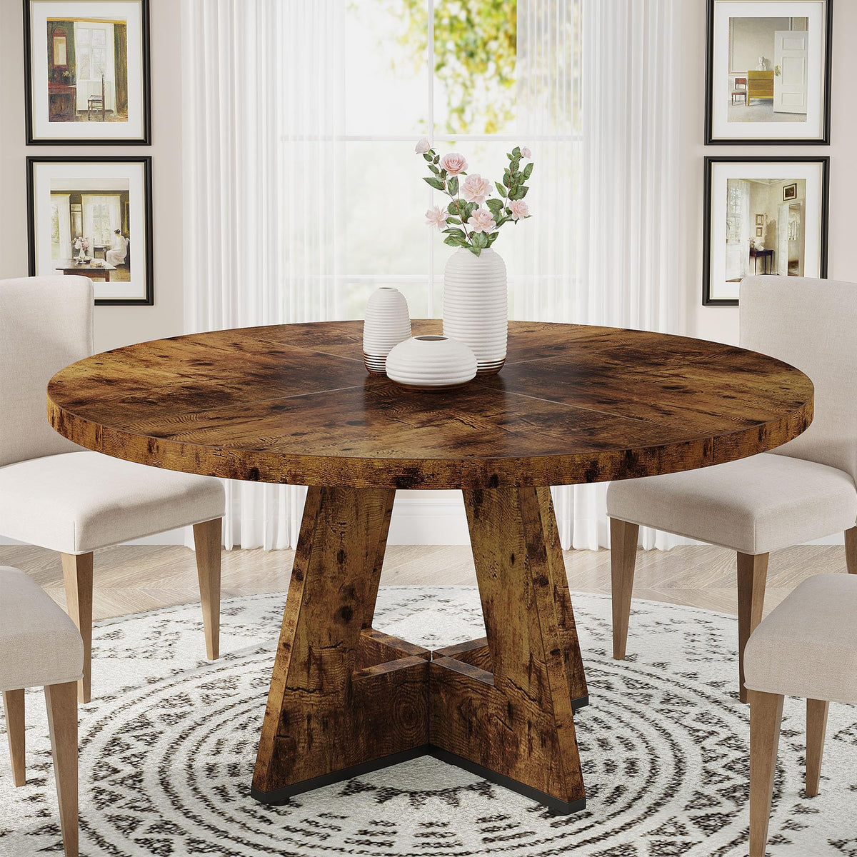 Tribesigns 47 inch Round Dining Table Wood Kitchen Table for Dining Room, 47" Dinner Room Tables for 4-6, Farmhouse Accent Furniture with Wooden Tabletop and Cross Base, Vintage