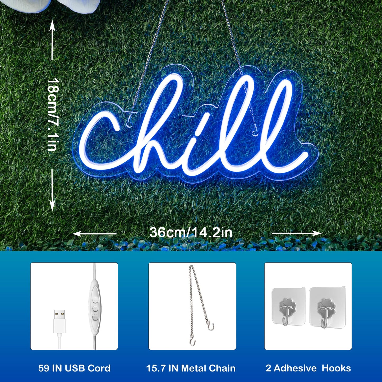 Wanxing Chill Neon Sign Blue Led Sign Chill Neon Wall Sign 14'' x 7'' Led Word Lights for Wall Decor Neon Light for Bedroom USB Powered Switch Light up Sign for Bar Hotel Game Room