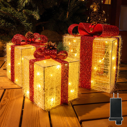 Ccinny Christmas Decorations, Set of 3 Christmas Lighted Gift Boxes, Pre-lit 60 LED Light Up Present Boxes Warm White Xmas Ornaments for Indoor Outdoor Yard Lawn Home Decor (Red Bow)
