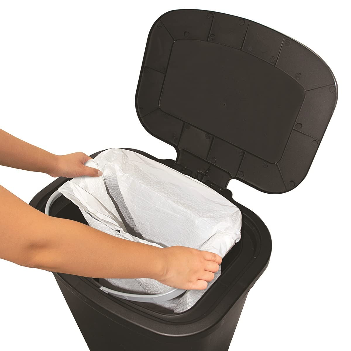Glad Premium 20 Gallon Trash Can - Plastic Kitchen Waste Bin with Odor Protection of Lid, Stainless Steel Step On Foot Pedal and Garbage Bag Rings, Black