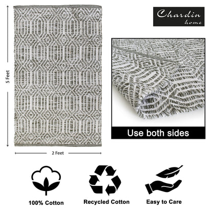 Chardin home Grey, Green & Ivory Boho Throw Rug 2x3 feet |Hand Woven Farmhouse Rug | Great in Kitchens entryways doormats Bathrooms Meditation Mat | Machine Washable & Reversible Cotton Rugs