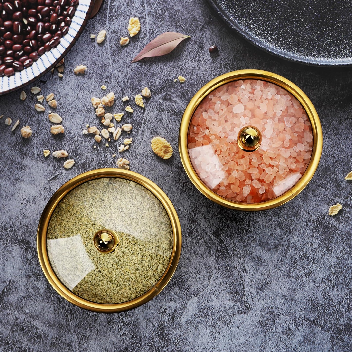 2 Pcs Stainless Steel Seasoning Box,Spice pot seasoning bottle Salt Pepper sugar storage bottle With Spoon and Clear Lid for home and kitchen (gold)