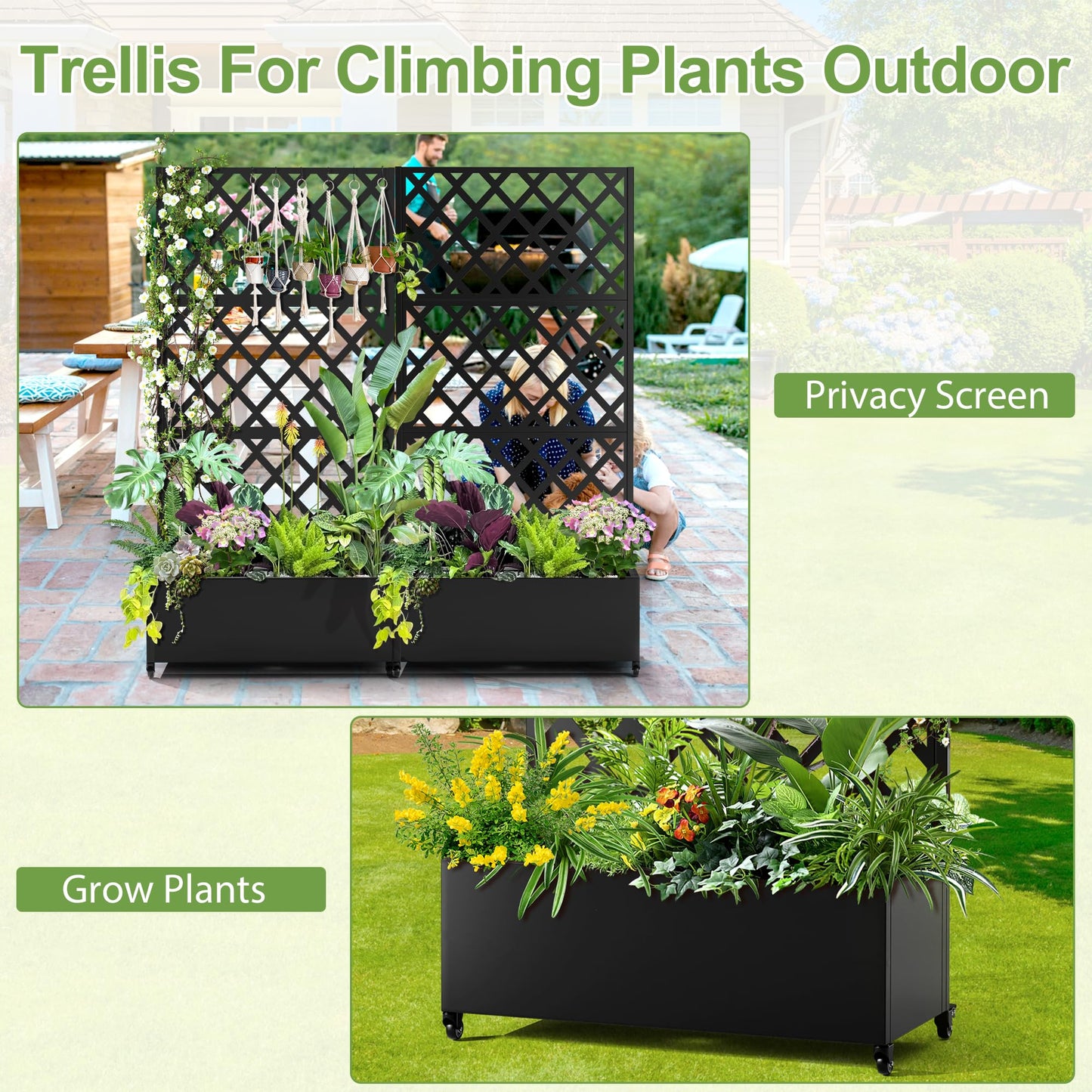 YESUNEED Metal Planter Trellis Box with Wheels & Drain Plug Outdoor Raised Garden Bed Patio Privacy Screen with Planter for Climbing Plants, Vegetables 73"x35"x16" Black-Diamond