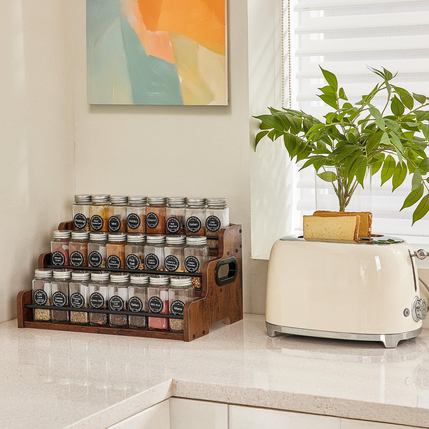 Aminigram Wood Spice Rack Organizer for Cabinet, 3 Tier Spice Shelf Storage, Kitchen Seasoning Organizer for Spice Bottles, Jars, Seasonings, Baking Supplies